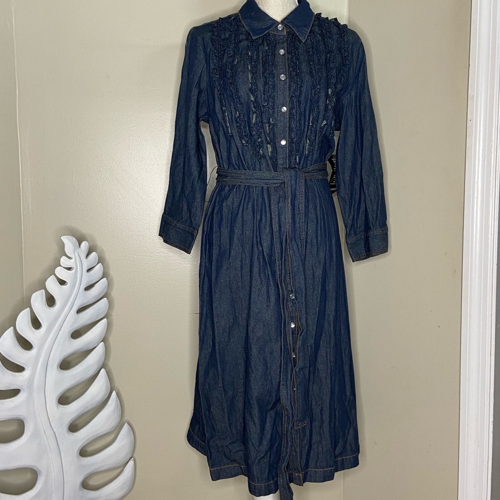 Indigo Blue Tuxedo Snap Front Denim Jean Belted Dress Size 16